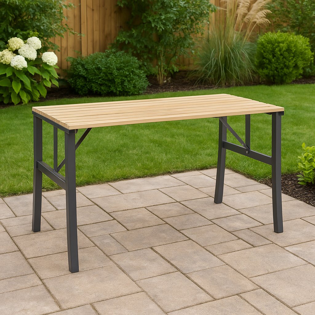 Masă de grădină cu cadru metalic și blat din lemn impregnat – 120 × 60 × 71 cm, natur - imagine 5