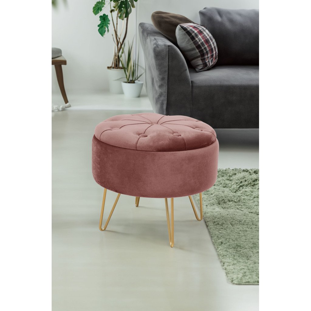 Taburet Caro tapițat cu velur – spațiu de depozitare, picioare aurii, roz - imagine 4