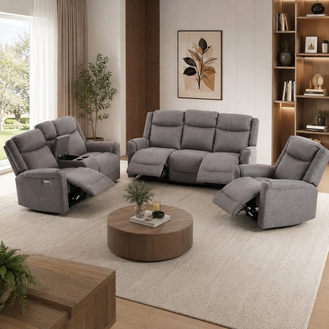 Set de canapele extensibile electric, 3 piese, cu funcție recliner și consolă centrală – gri deschis