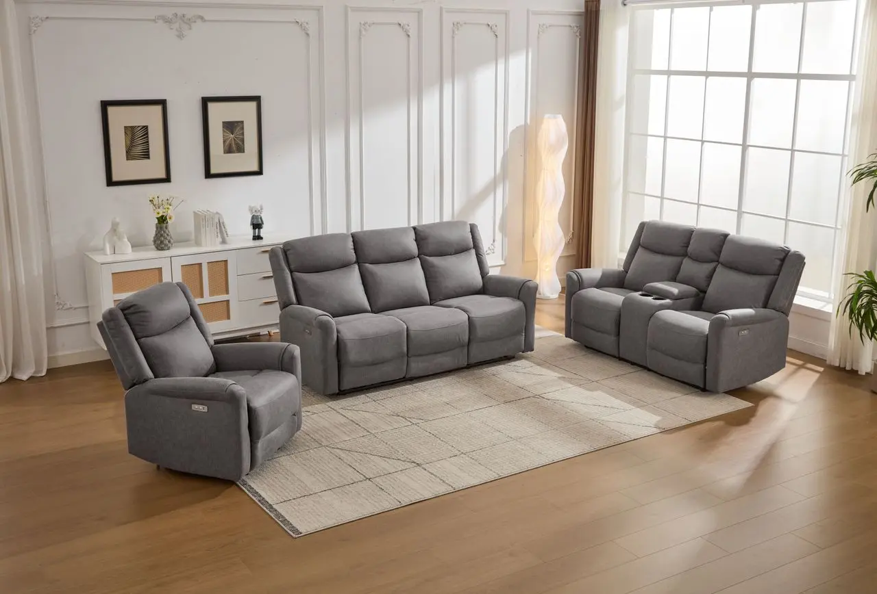Set de canapele extensibile electric, 3 piese, cu funcție recliner și consolă centrală – gri deschis - imagine 8