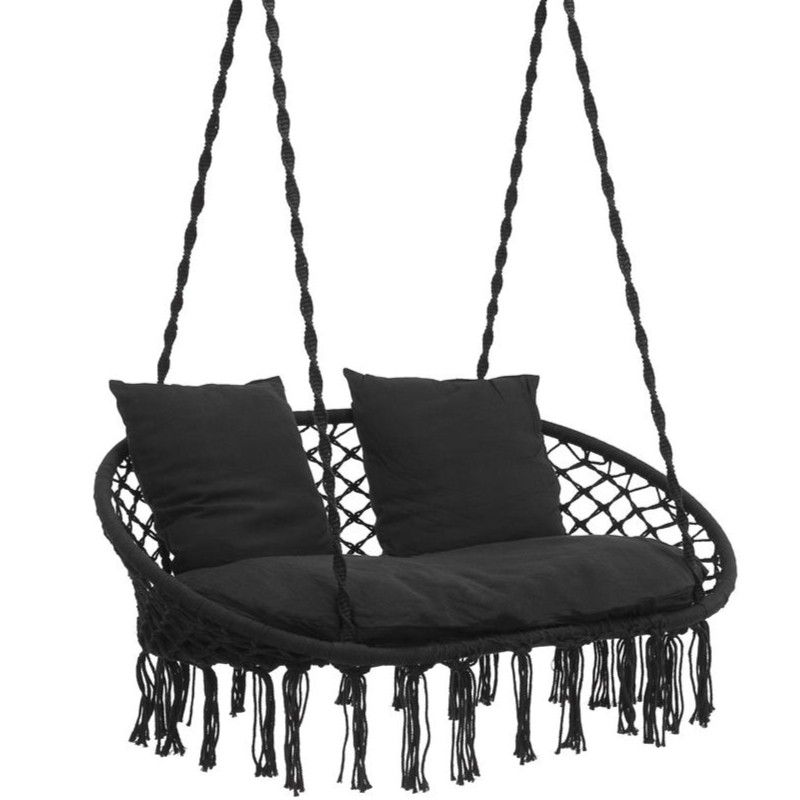Scaun dublu leagăn suspendat SPR-0048 – stil boho, cu perne, 300 kg, negru