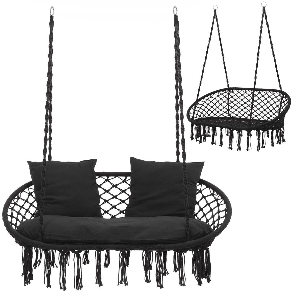 Scaun dublu leagăn suspendat SPR-0048 – stil boho, cu perne, 300 kg, negru - imagine 2