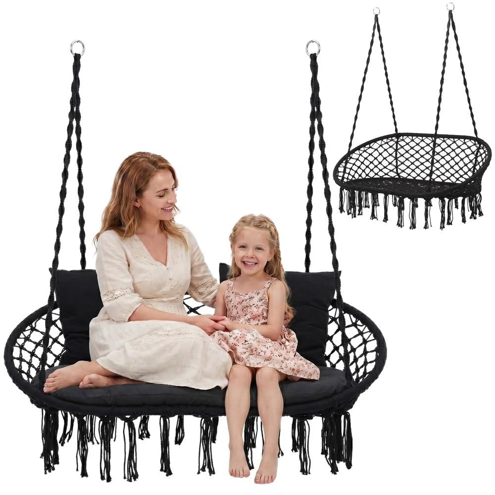 Scaun dublu leagăn suspendat SPR-0048 – stil boho, cu perne, 300 kg, negru - imagine 3