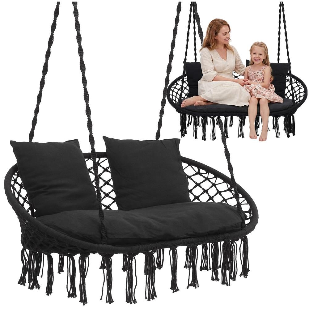 Scaun dublu leagăn suspendat SPR-0048 – stil boho, cu perne, 300 kg, negru - imagine 4