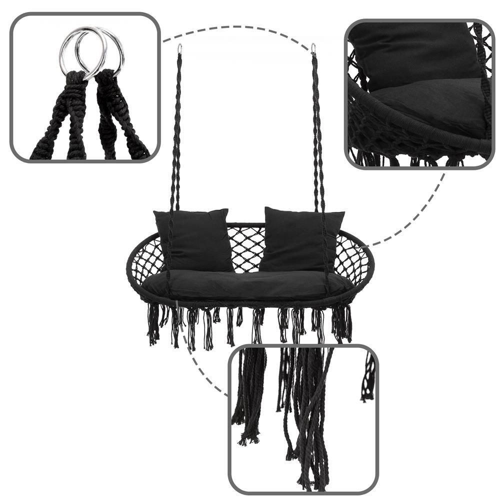 Scaun dublu leagăn suspendat SPR-0048 – stil boho, cu perne, 300 kg, negru - imagine 5