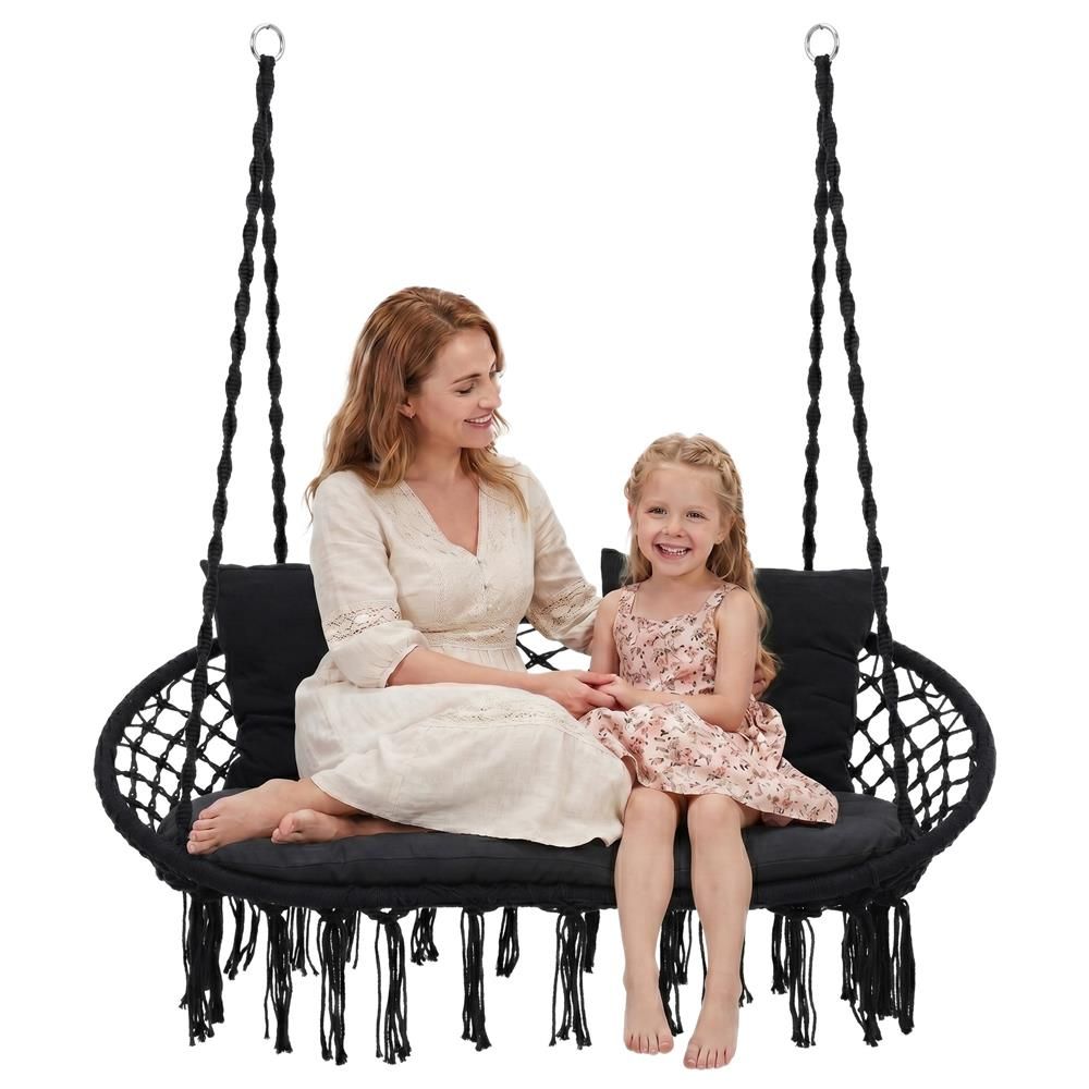 Scaun dublu leagăn suspendat SPR-0048 – stil boho, cu perne, 300 kg, negru - imagine 6