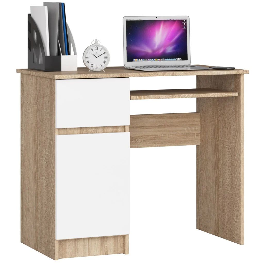 Birou computer PIKSEL cu sertar, dulap și raft pentru tastatură, stânga, 90 × 50 × 77 cm, stejar sonoma și alb