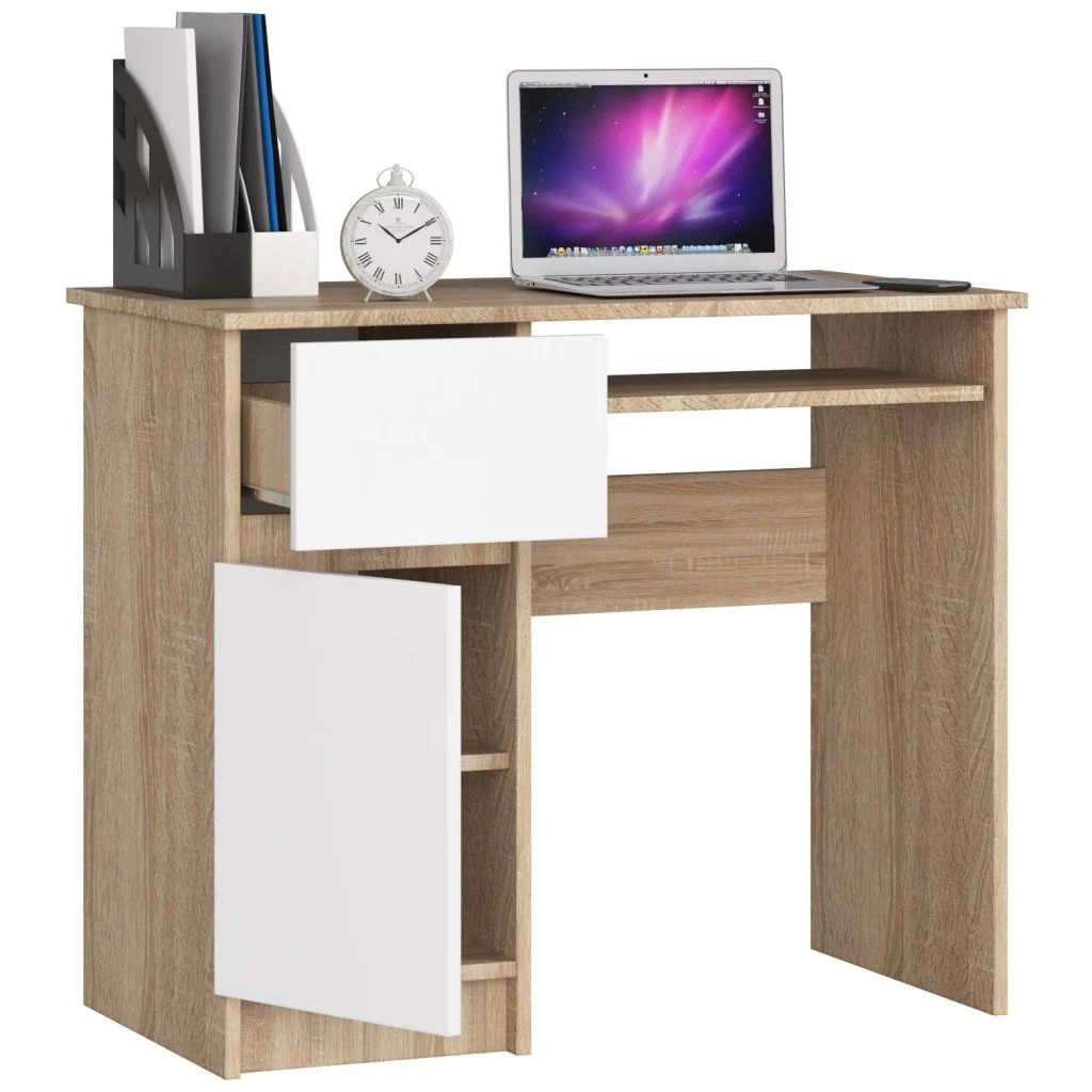 Birou computer PIKSEL cu sertar, dulap și raft pentru tastatură, stânga, 90 × 50 × 77 cm, stejar sonoma și alb - imagine 2