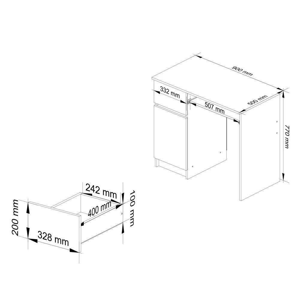 Birou computer PIKSEL cu sertar, dulap și raft pentru tastatură, stânga, 90 × 50 × 77 cm, stejar sonoma și alb - imagine 3