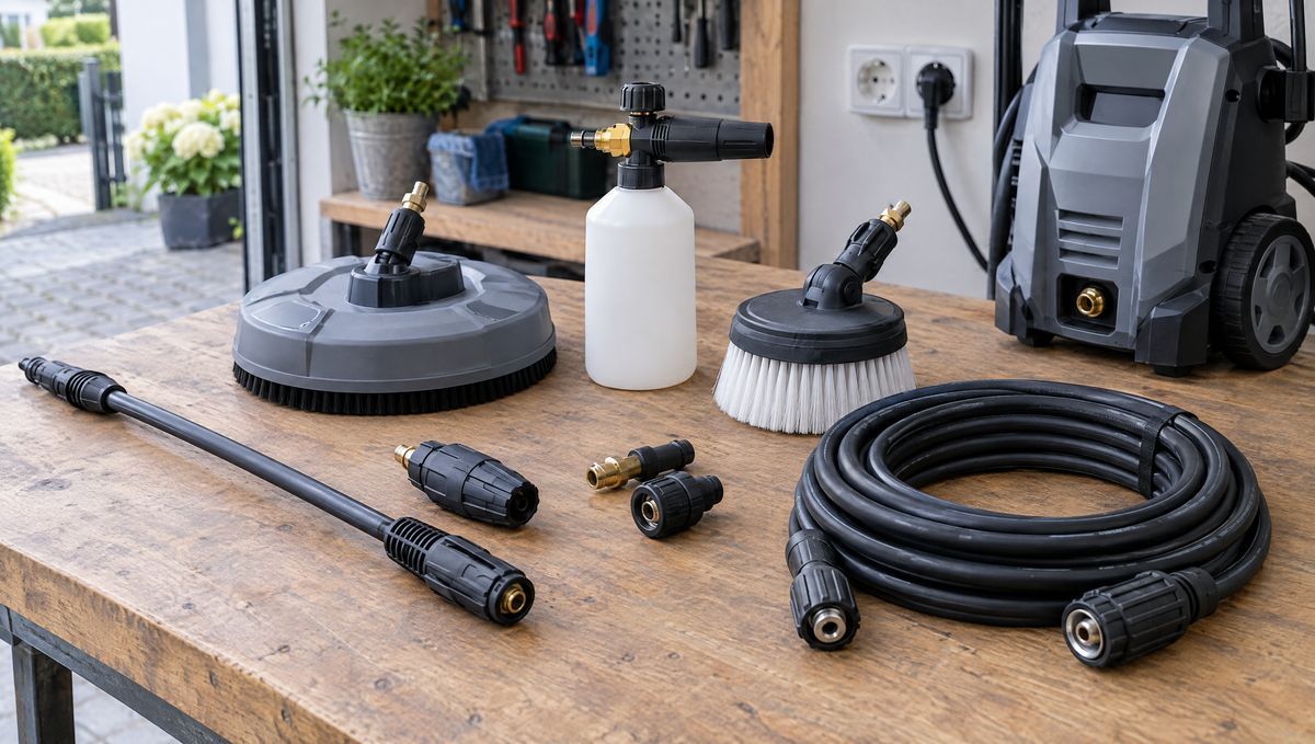 Accesorii pentru aparatul de spălat cu presiune pe bancul de lucru: lance, duze, dispozitiv pentru suprafețe, pulverizator de spumă, perie și furtun de înaltă presiune