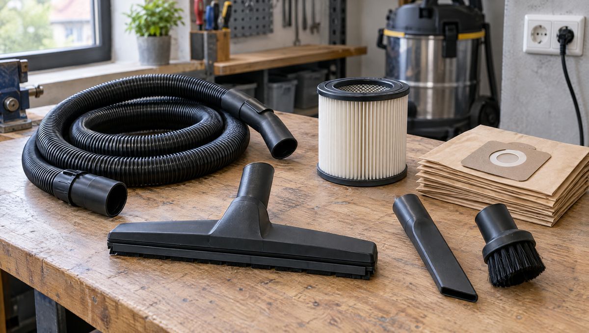 Accesorii pentru aspiratorul industrial pe bancul de lucru: furtun, capete pentru podea, duză îngustă, perie, filtre și saci de praf