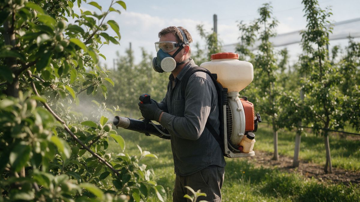 Pomicultor cu atomizor de spate pe benzină care stropește pomii după înflorire, cu fructe mici, echipat cu respirator, ochelari, mănuși și mâneci lungi