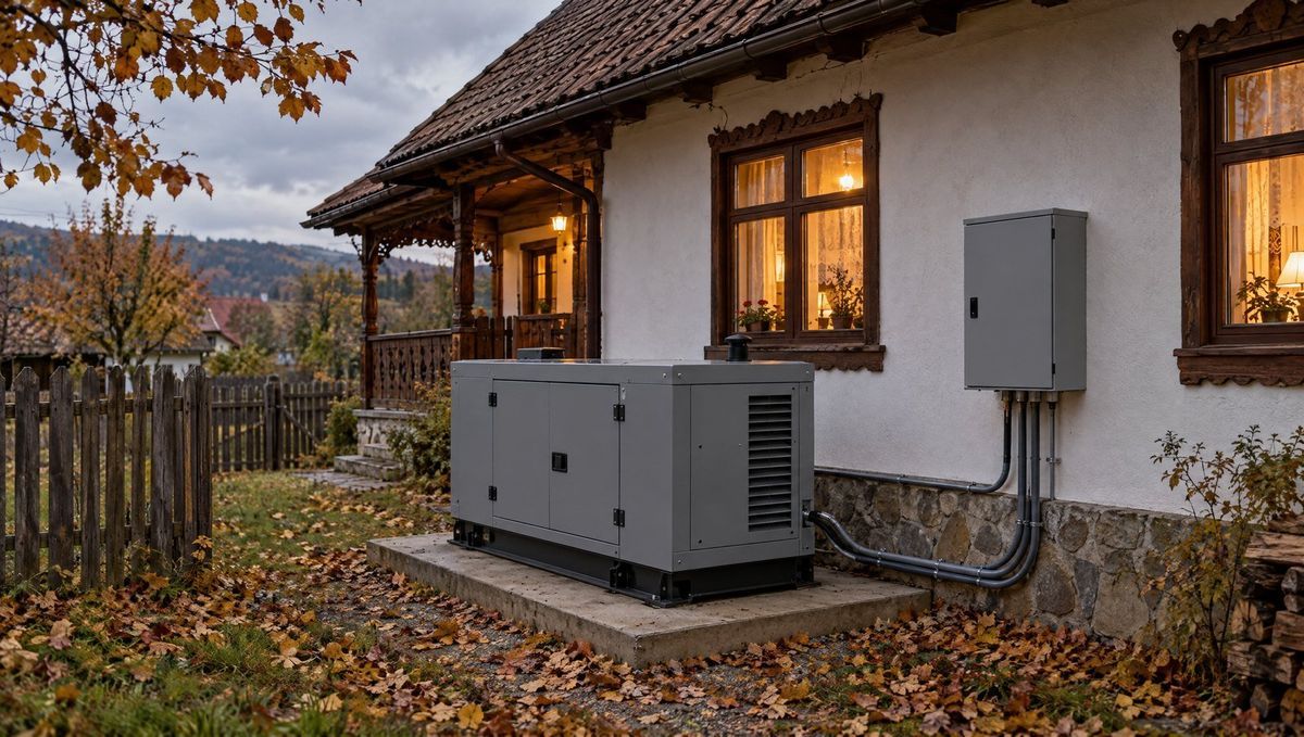 Generator de rezervă într-o carcasă insonorizată lângă o casă de la țară, legat la un tablou de automatizare ATS montat pe perete, într-o seară de toamnă