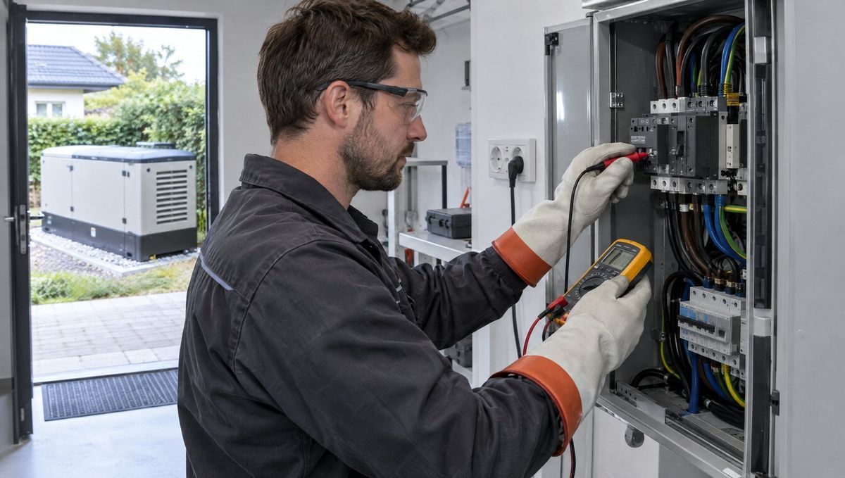 Electrician cu mănuși izolante verificând cu multimetrul un tablou ATS, cu generatorul de rezervă în fundal