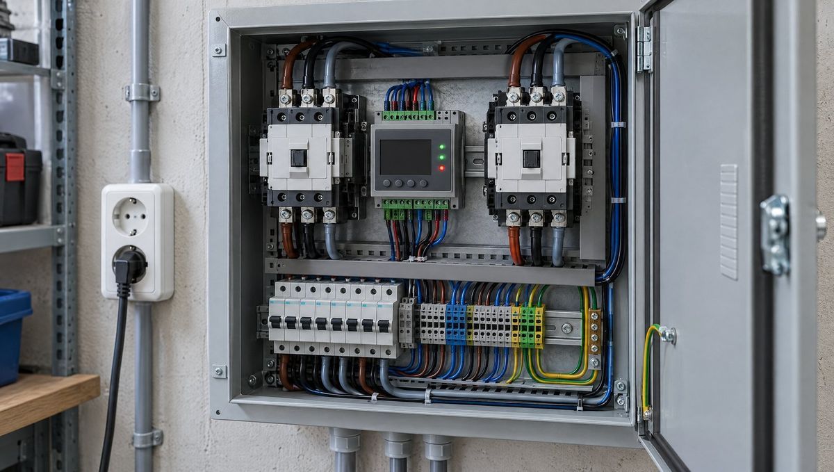 Tablou de automatizare ATS deschis, cu două contactoare, controler, siguranțe și cabluri ordonate