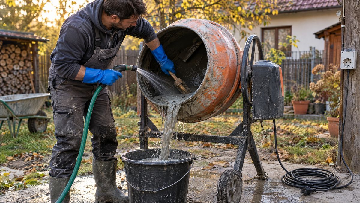 Curățarea betonierei după lucru: toba înclinată spălată cu furtunul și peria, cu cablul scos din priză