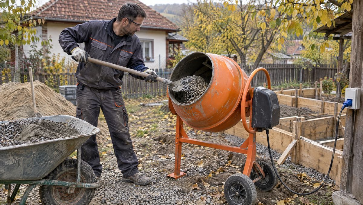 Muncitor cu ochelari și mănuși care încarcă pietriș cu lopata într-o betonieră electrică, în curtea unei case, lângă cofrajul unei fundații, toamna