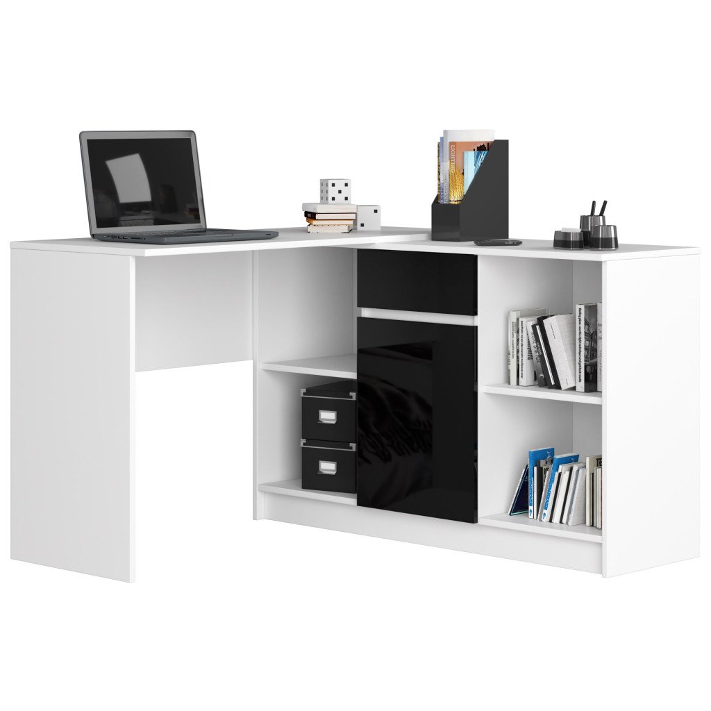 Birou de colț cu sertar – ușă și 6 rafturi, fronturi MDF lucios, 120x126x79 cm – alb și negru lucios