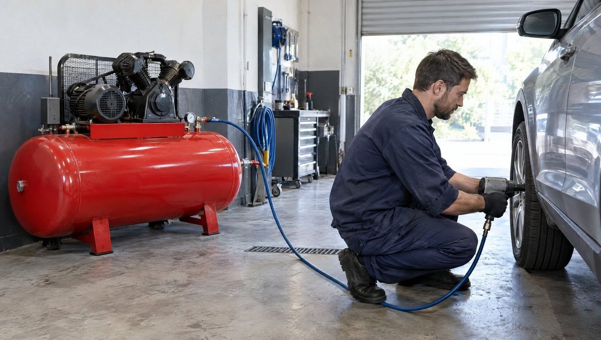 Compresor de aer cu curea și rezervor mare într-un service auto