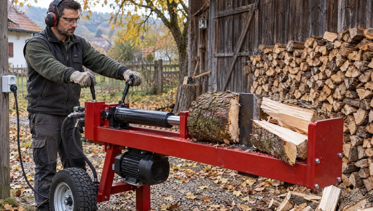 Despicător de lemne hidraulic electric folosit într-o curte, toamna, lângă o stivă de lemne de foc