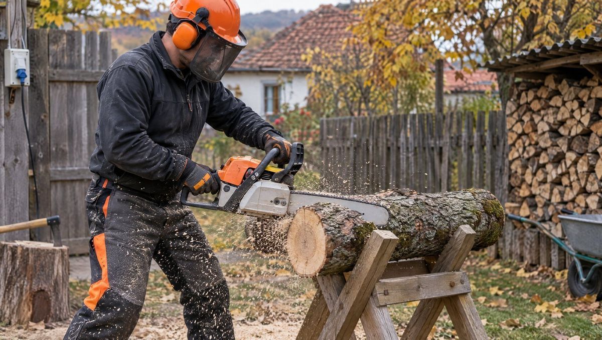 Muncitor echipat cu cască, vizieră și protecție pentru urechi taie un buștean cu o drujbă pe benzină într-o curte de la țară, toamna