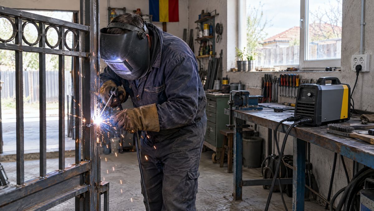 Sudor în atelier care sudează cu electrod o structură metalică, cu scântei și mască de protecție, lângă un aparat de sudură invertor