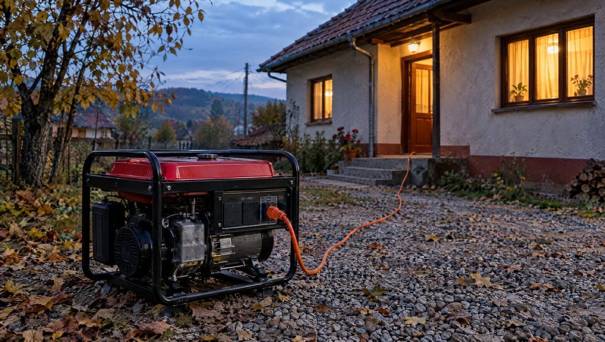 Generator de curent pe benzină lângă o casă, într-o seară de toamnă