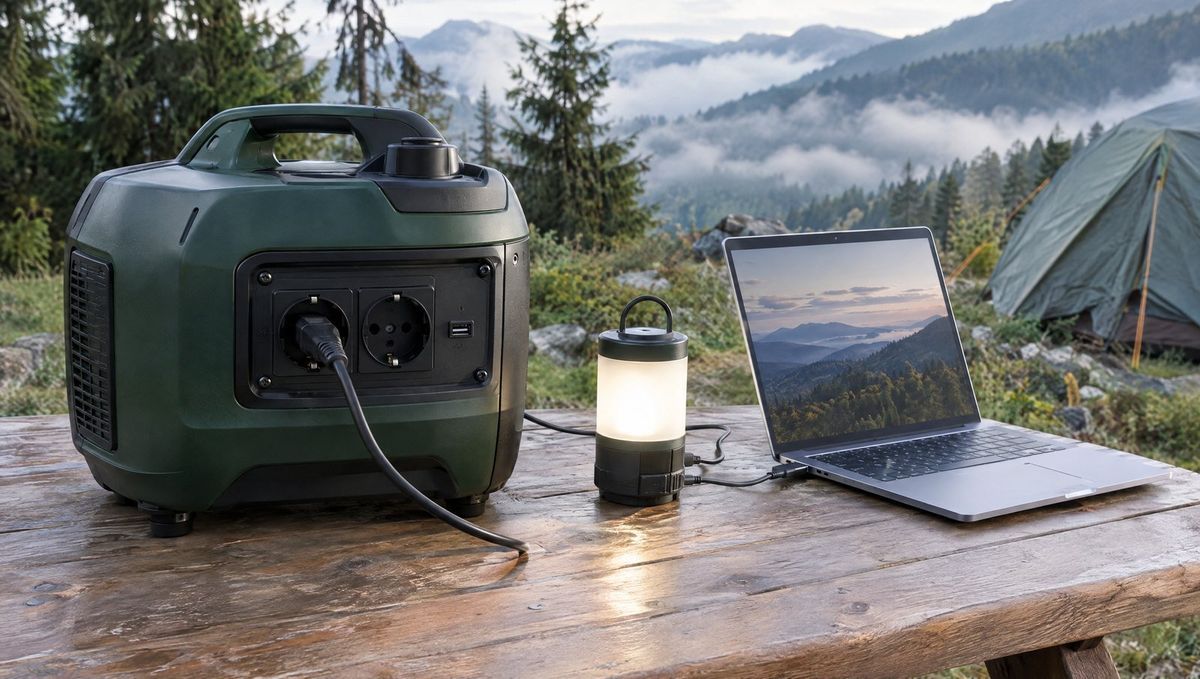 Generator inverter silențios care alimentează o lampă și un laptop la camping