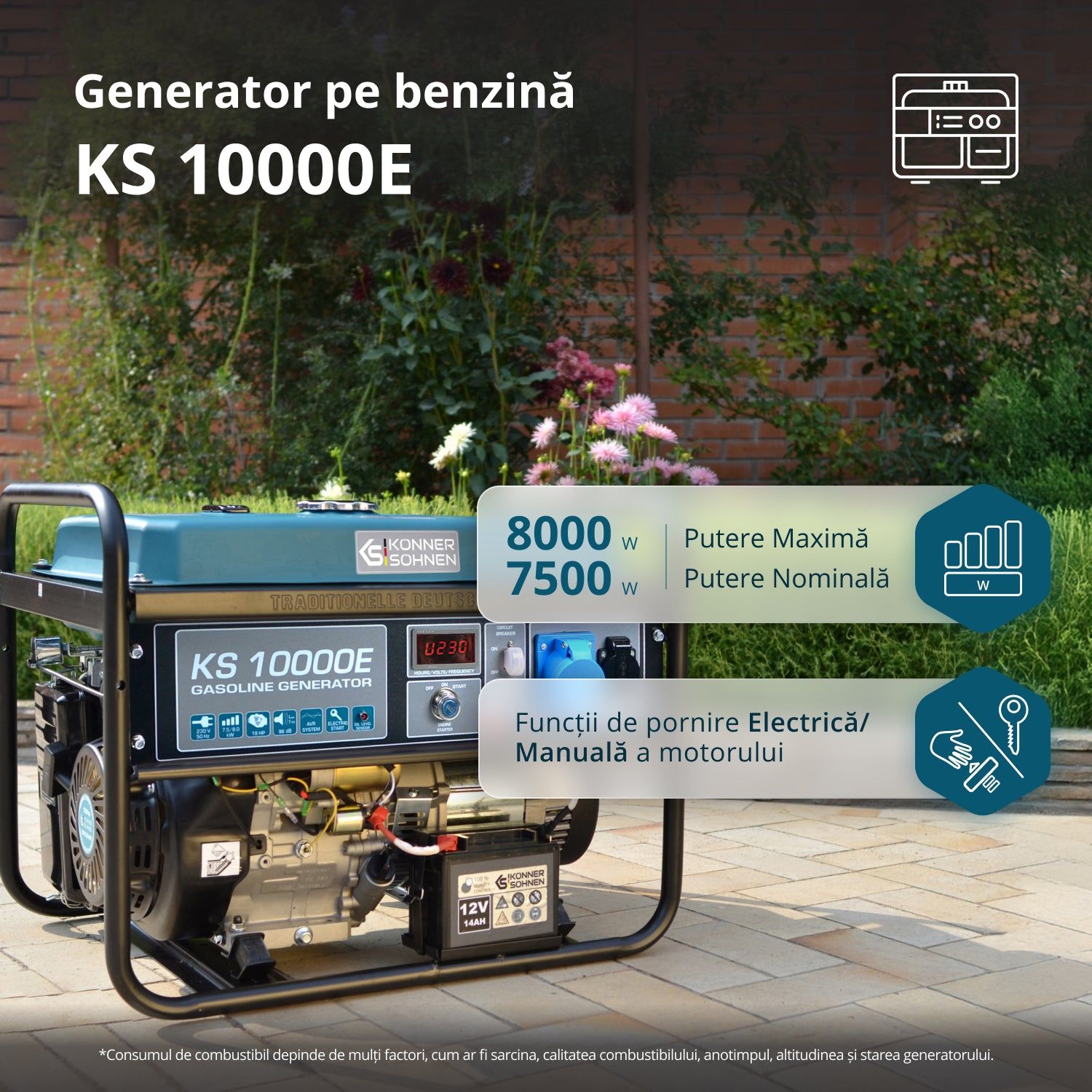 Generator pe benzină Könner & Söhnen KS 10000E – 8 kW, 230 V, pornire electrică, rezervor 25 l - imagine 6