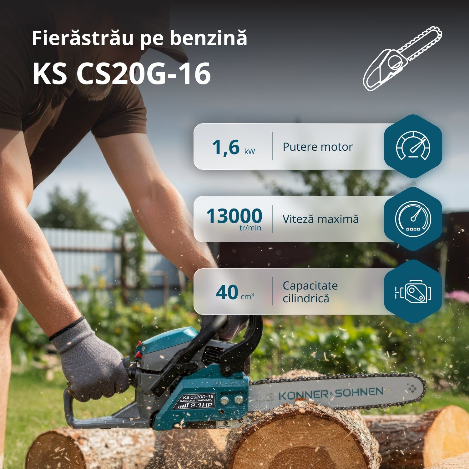 Drujbă pe benzină Könner & Söhnen KS CS20G-16 – 40 cm³, 1,6 kW, lamă de 40 cm - imagine 3