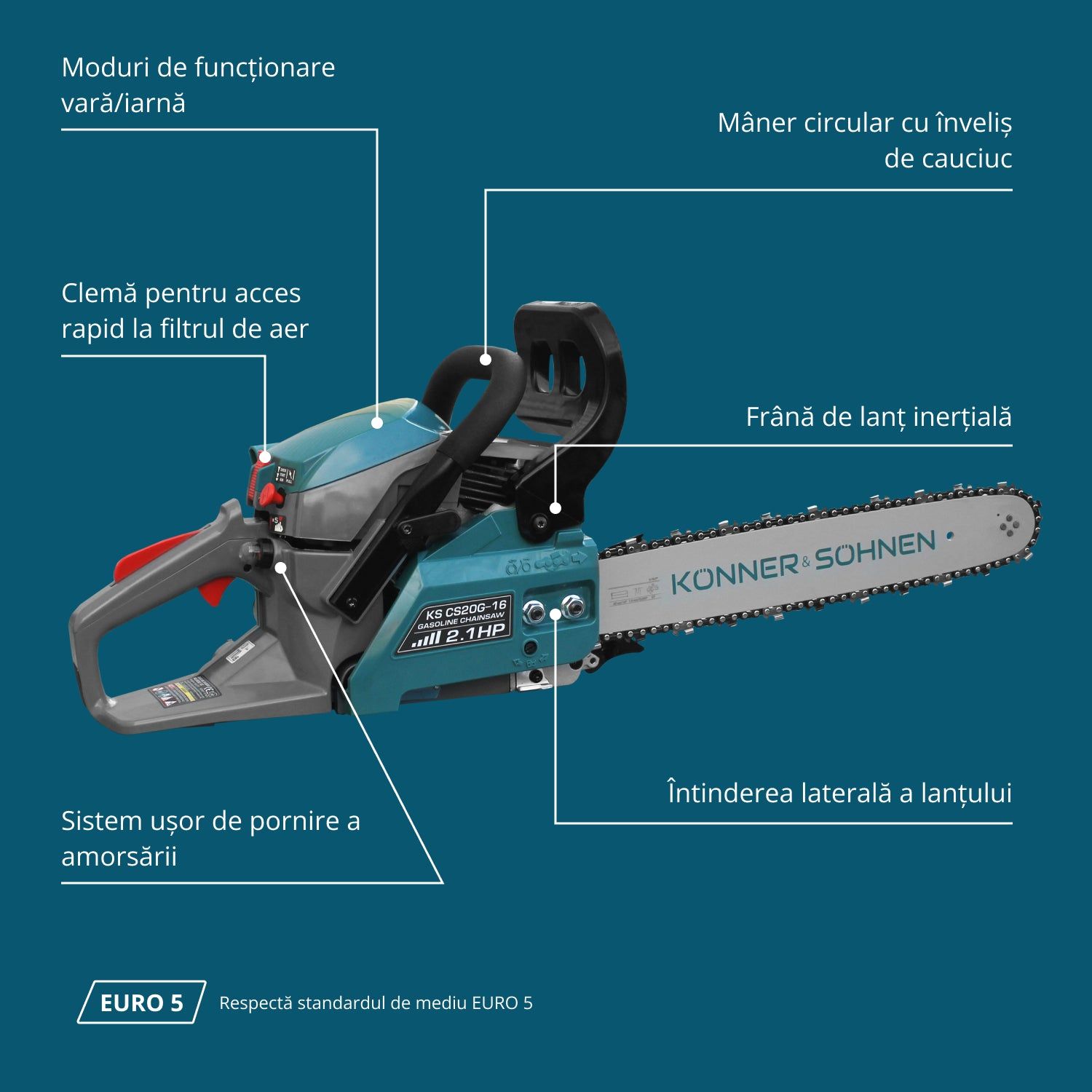 Drujbă pe benzină Könner & Söhnen KS CS20G-16 – 40 cm³, 1,6 kW, lamă de 40 cm - imagine 7