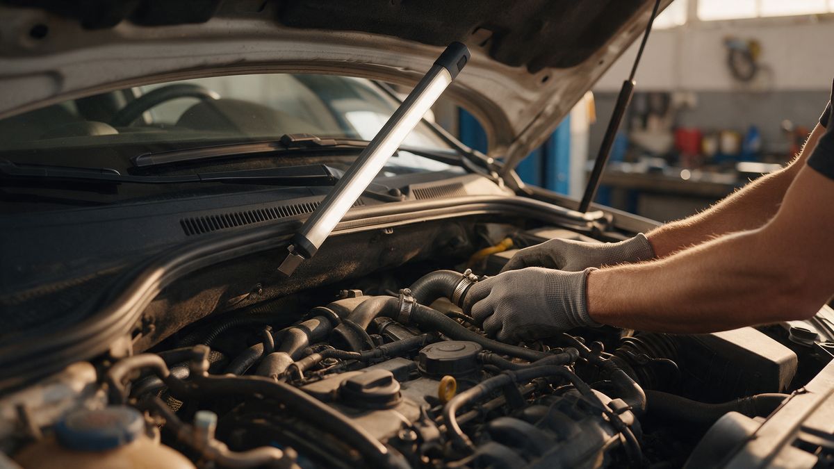 O lampă de inspecție LED prinsă cu magnet sub capota unei mașini, luminând motorul, cu mâinile mecanicului în mănuși de lucru