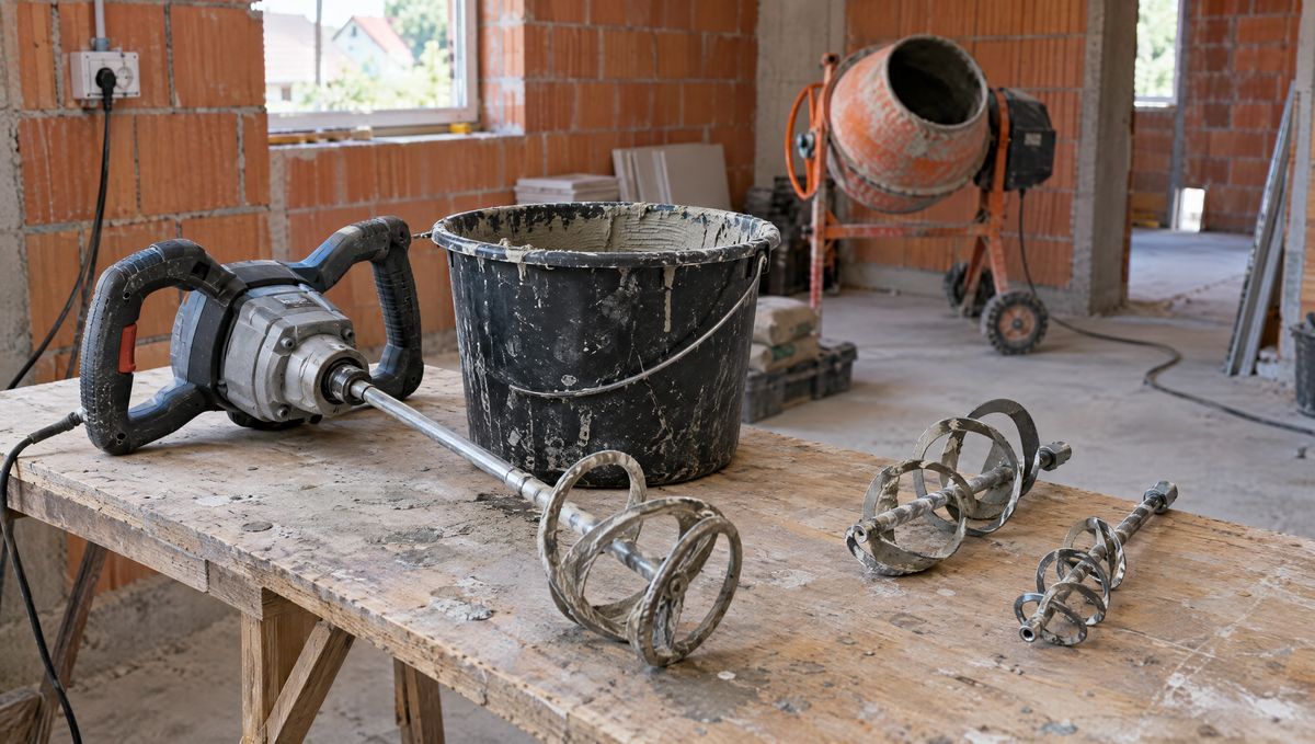 Malaxor de mortar cu două mânere, o găleată cu adeziv și două palete de amestec de mărimi diferite, cu o betonieră în fundal, într-o casă în construcție