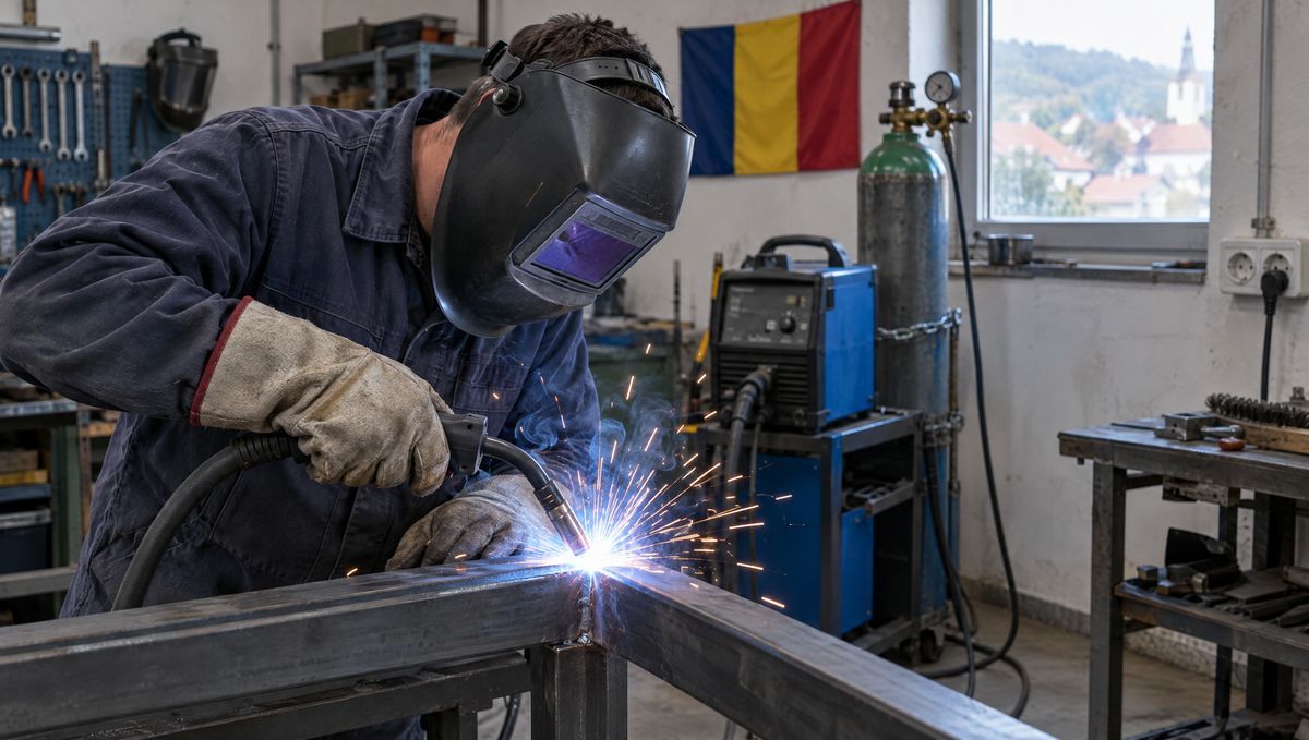 Sudor în atelier cu mască de sudură cu auto-întunecare, sudând o structură metalică, cu scântei în fundal