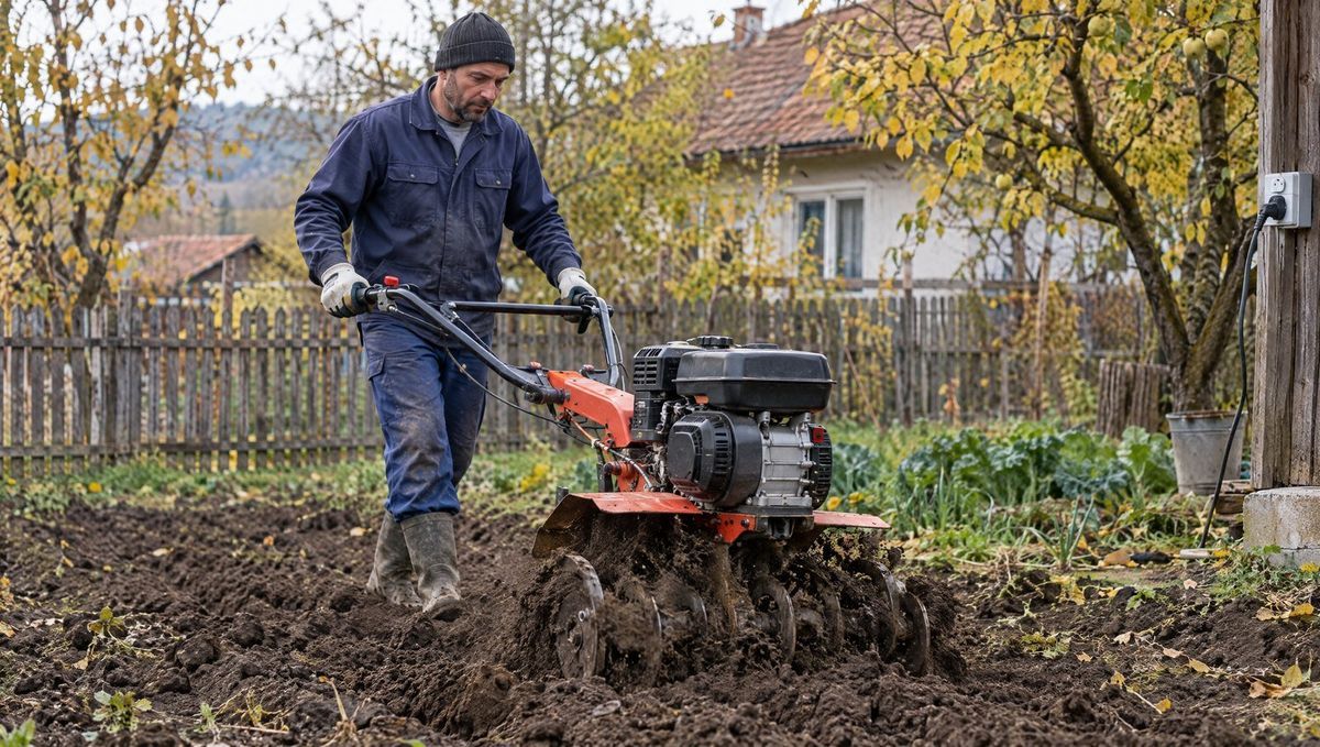 Grădinar care lucrează pământul toamna cu un motocultor pe benzină cu freze, într-o grădină de legume de la țară
