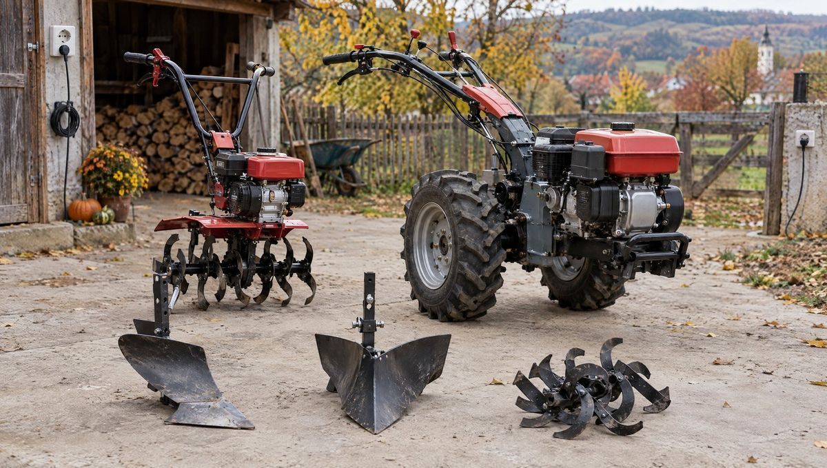 O motosapă mică și un motocultor cu roți, unul lângă altul, cu plug, rarițor și freze de rezervă în față