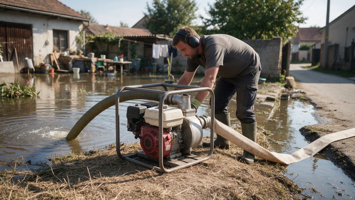 Un om cu cizme, mănuși și antifoane scoate apa dintr-o curte inundată cu o motopompă pe benzină pentru ape murdare, așezată pe teren uscat, cu furtunul de refulare spre șanț