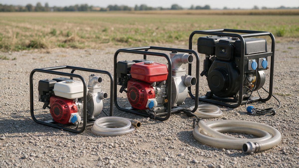 Trei motopompe pe cadru, pe pietriș: una mică pe benzină pentru apă curată, una mai mare pentru apă murdară și una diesel, cu furtunuri de aspirație alături