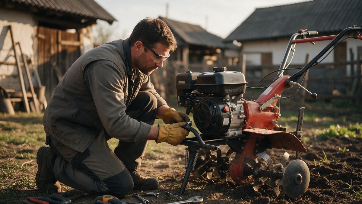 Un bărbat cu mănuși de lucru și ochelari de protecție montează un motor nou pe benzină pe cadrul unui motocultor, în curtea unei gospodării