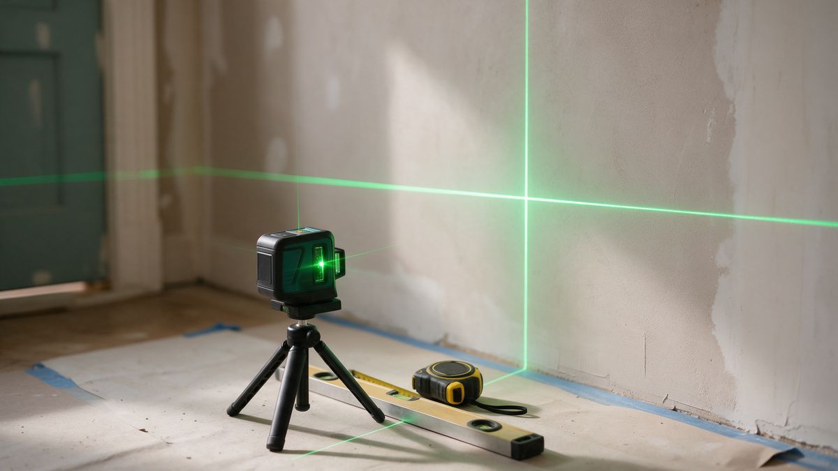 Nivelă laser cu linii verzi proiectate pe un perete proaspăt tencuit