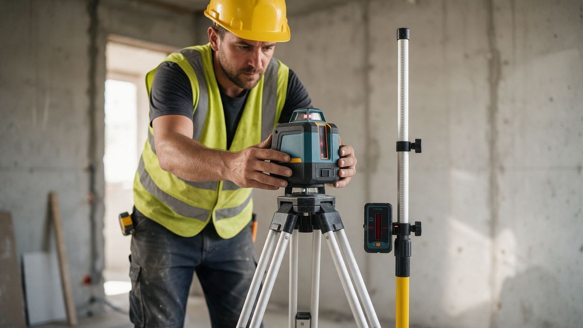 Muncitor care așază o nivelă laser rotativă pe trepied într-o încăpere în lucru
