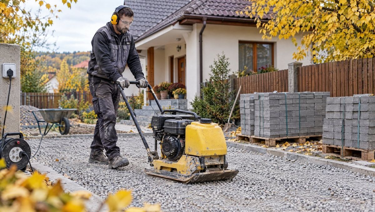 Muncitor cu antifoane, ochelari și mănuși care compactează cu o placă compactoare pe benzină patul de piatră spartă pentru o alee, în fața unei case, toamna