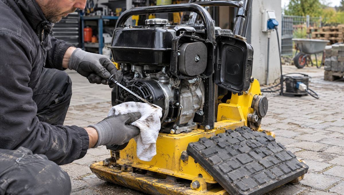 Întreținerea plăcii compactoare: verificarea uleiului de motor cu joja, filtrul de aer deschis și covorașul de cauciuc pentru pavele