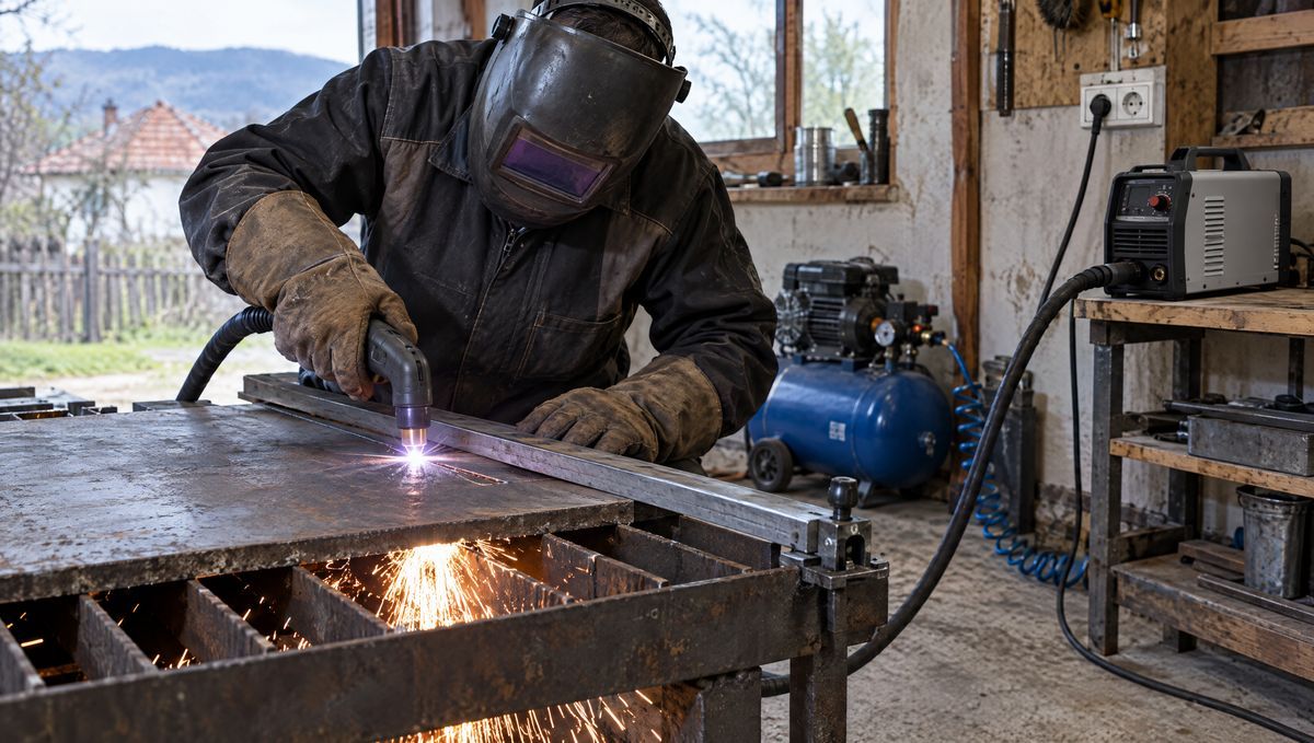 Tăiere cu plasmă a unei table groase de oțel pe o masă cu grătar, cu scântei, într-un atelier, lângă aparatul de plasmă și compresor