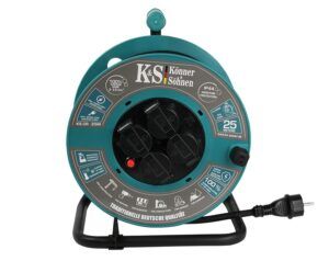 Prelungitor cu tambur Könner & Söhnen KS CR-25M – 25 m, cablu H07RN-F 3G2,5, 4 prize