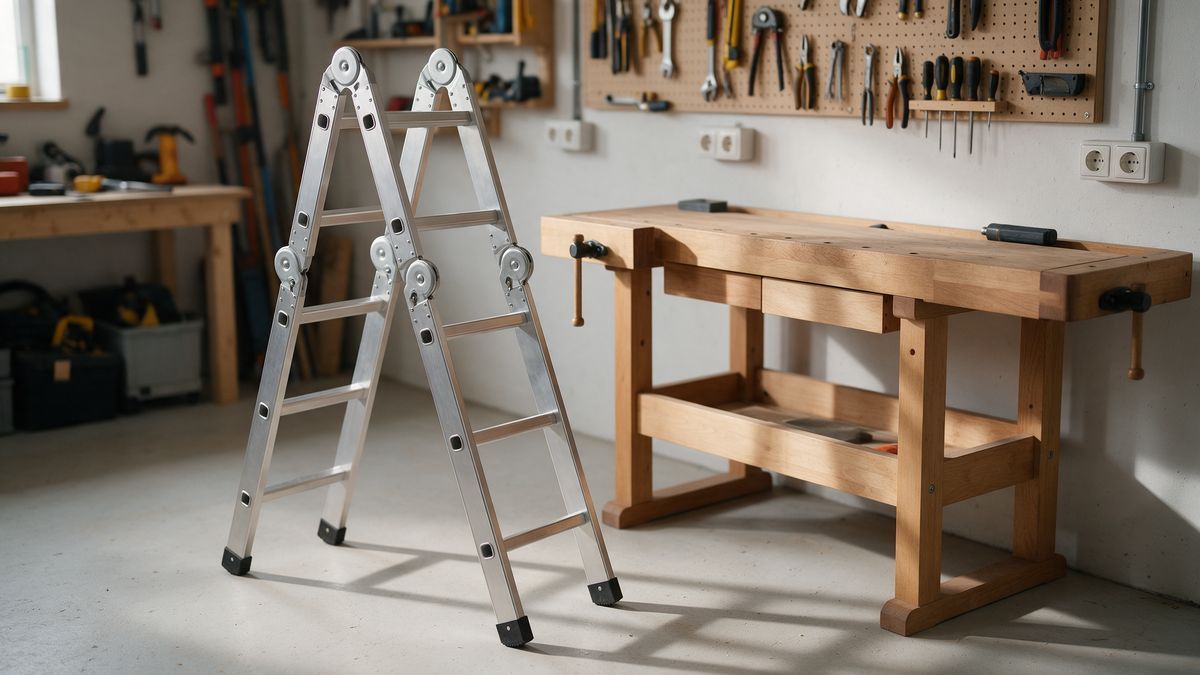 Scară multifuncțională din aluminiu deschisă în A lângă un banc de lucru dintr-un atelier de acasă