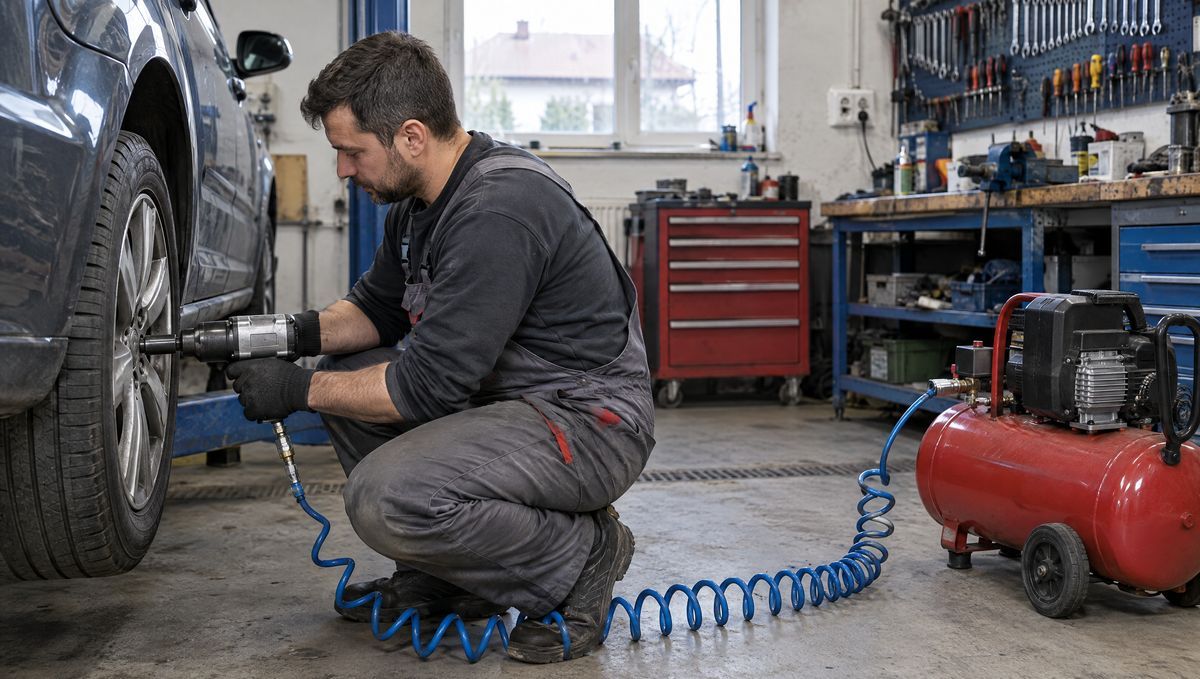 Mecanic într-un service auto desfăcând prezoanele unei roți cu o cheie pneumatică cu impact conectată la un compresor de aer