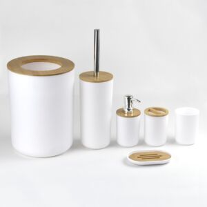Set de accesorii pentru baie din 6 piese – plastic ABS și lemn, alb cu maro – poza 1