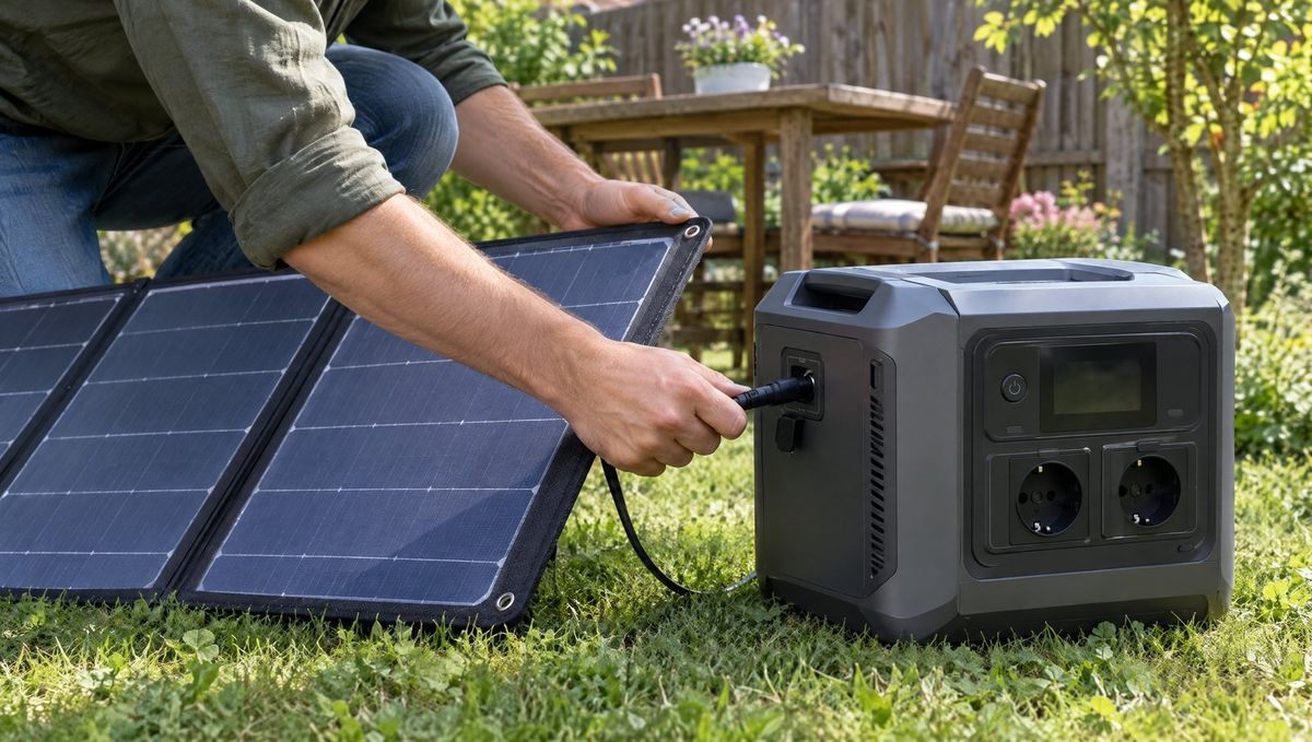 Conectarea cablului unui panou solar pliabil la intrarea de încărcare a unei stații de energie portabile, în grădină