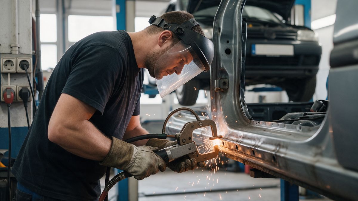 Tinichigiu care folosește un clește de sudură în puncte pe un prag de mașină într-un atelier auto, cu scântei și mănuși de protecție